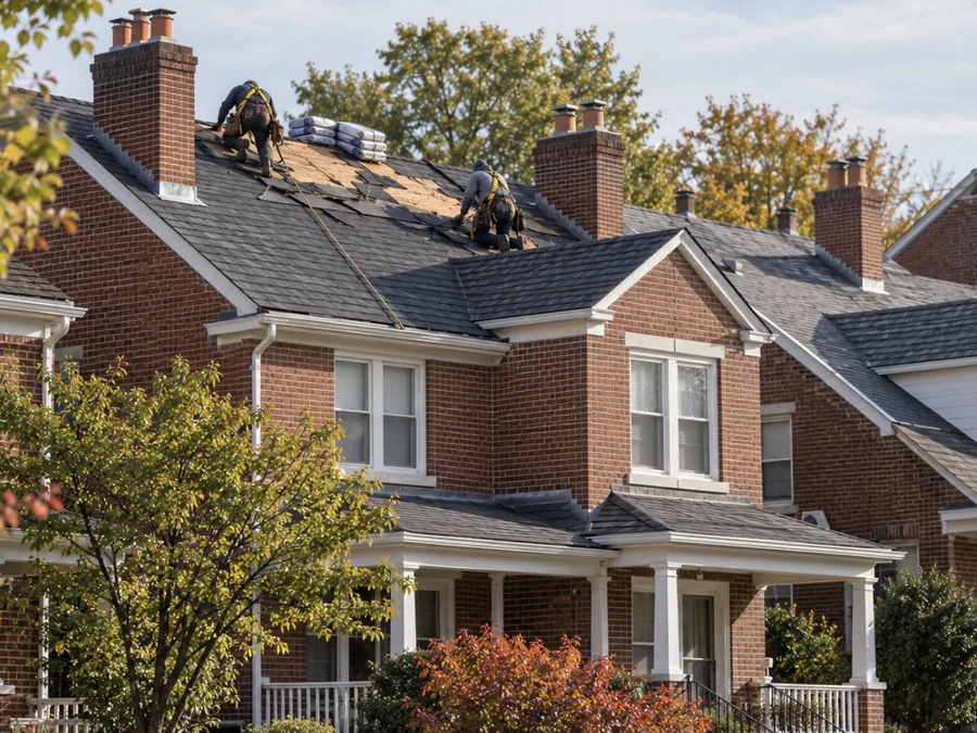 Roofers repairing shingles on a brick twin home