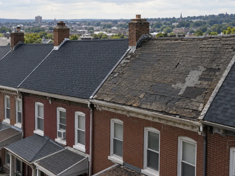 An old, worn rowhome roof next to newer roofs on the same block