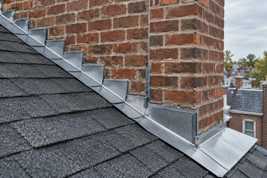 New step flashing where a rowhome roof meets the brick wall and chimney next door