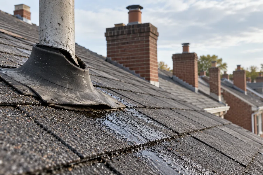 Cracked rubber pipe boot on a plumbing vent on a rowhome roof