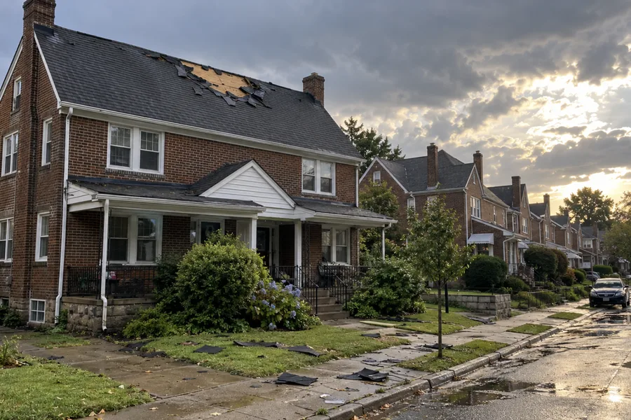 Brick twin home with shingles torn off by wind and pieces on the sidewalk