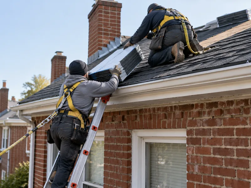 Roofer on a ladder handing a bundle of shingles up to the roof of a brick home