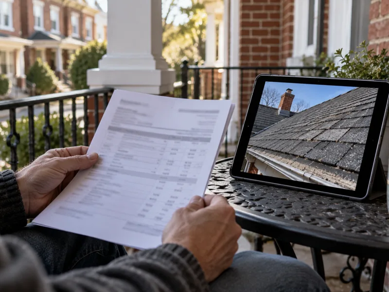 Homeowner reviewing an itemized estimate and roof photos on a rowhome porch