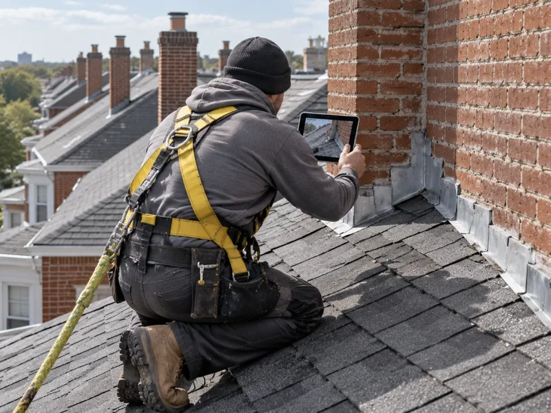 Roofer photographing the flashing where a rowhome roof meets the house next door
